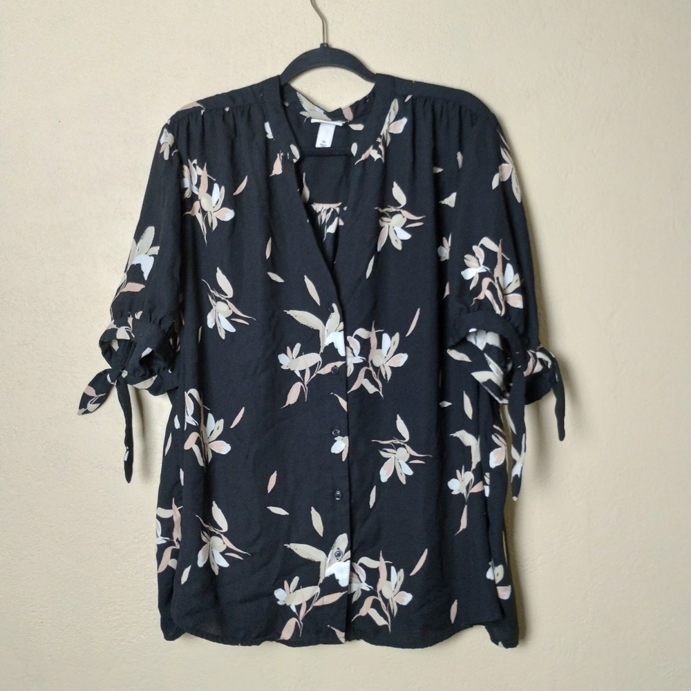 Ava & Viv Floral Black 3/4 Sleeve Blouse Sz 3XL
